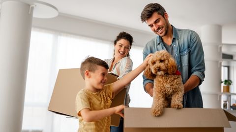 Family with kids and dog